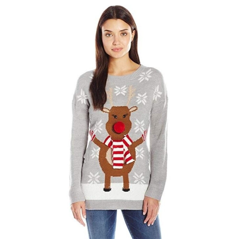 Notations Women's Happy Rudolph Ugly Christmas Sweater with 3D Nose Reindeer S